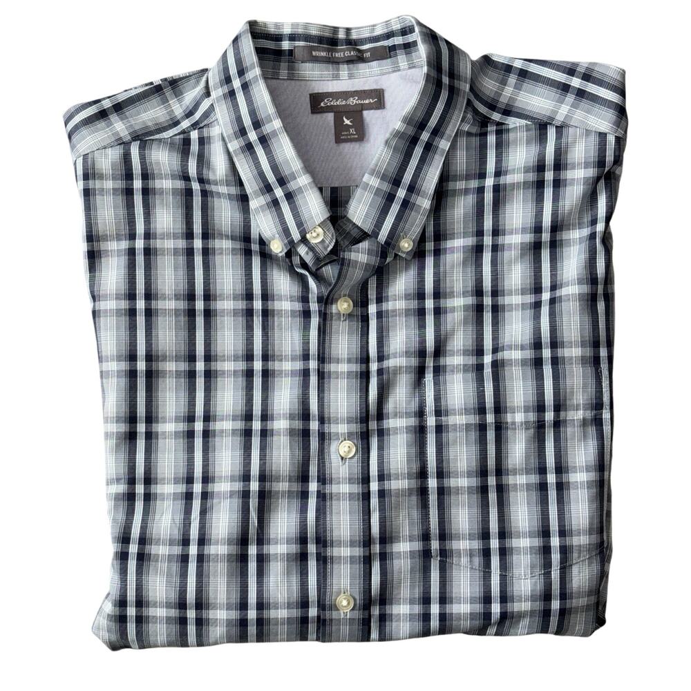 Eddie Bauer Men's Button Down Shirt Size XL Blue Plaid Classic Fit Wrinkle Free‎